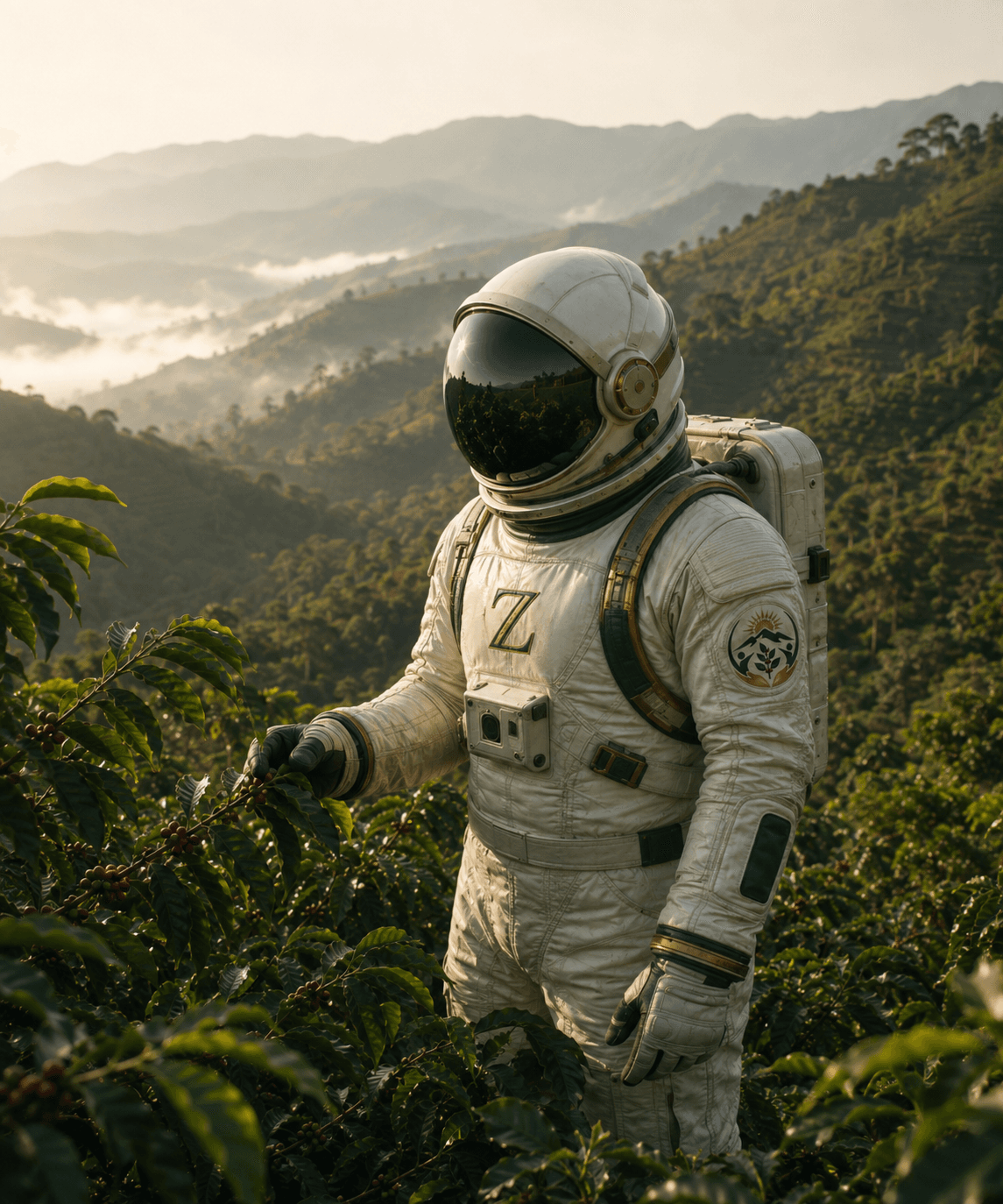 Official Zultemon astronaut visual identity within a Colombian mountain coffee landscape
