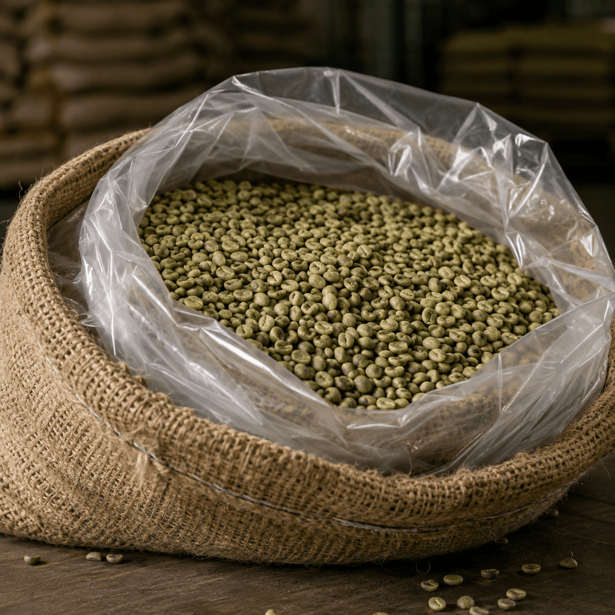 Colombian green coffee inside a food-grade liner and natural jute sack